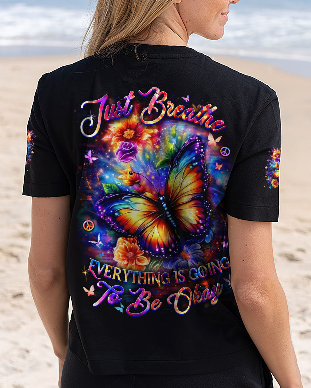 Just Breathe Everything Is Going to Be Okay Colorful Butterfly Floral Graphic AOP Shirts _5_ FGLMH