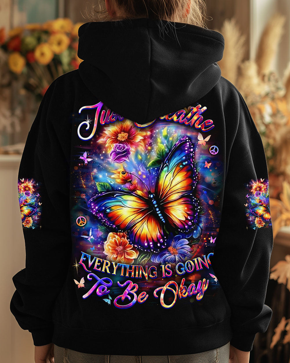 Just Breathe Everything Is Going to Be Okay Colorful Butterfly Floral Graphic AOP Shirts _7_ Nfsnd