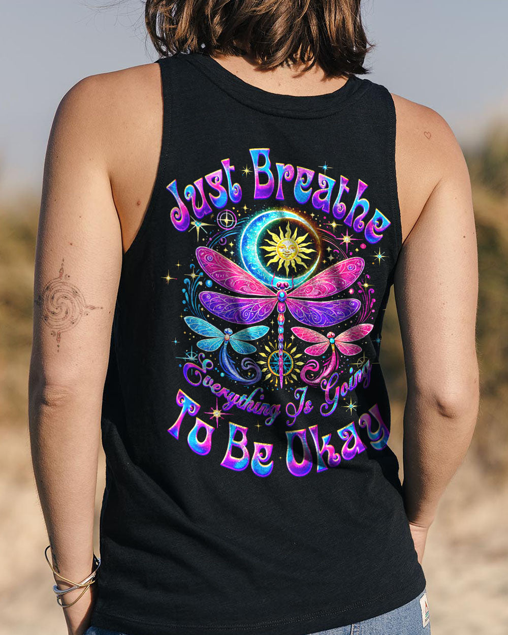 Just Breathe Everything Is Going to Be Okay Colorful Celestial Dragonfly AOP Shirts _13_ qKJ3q