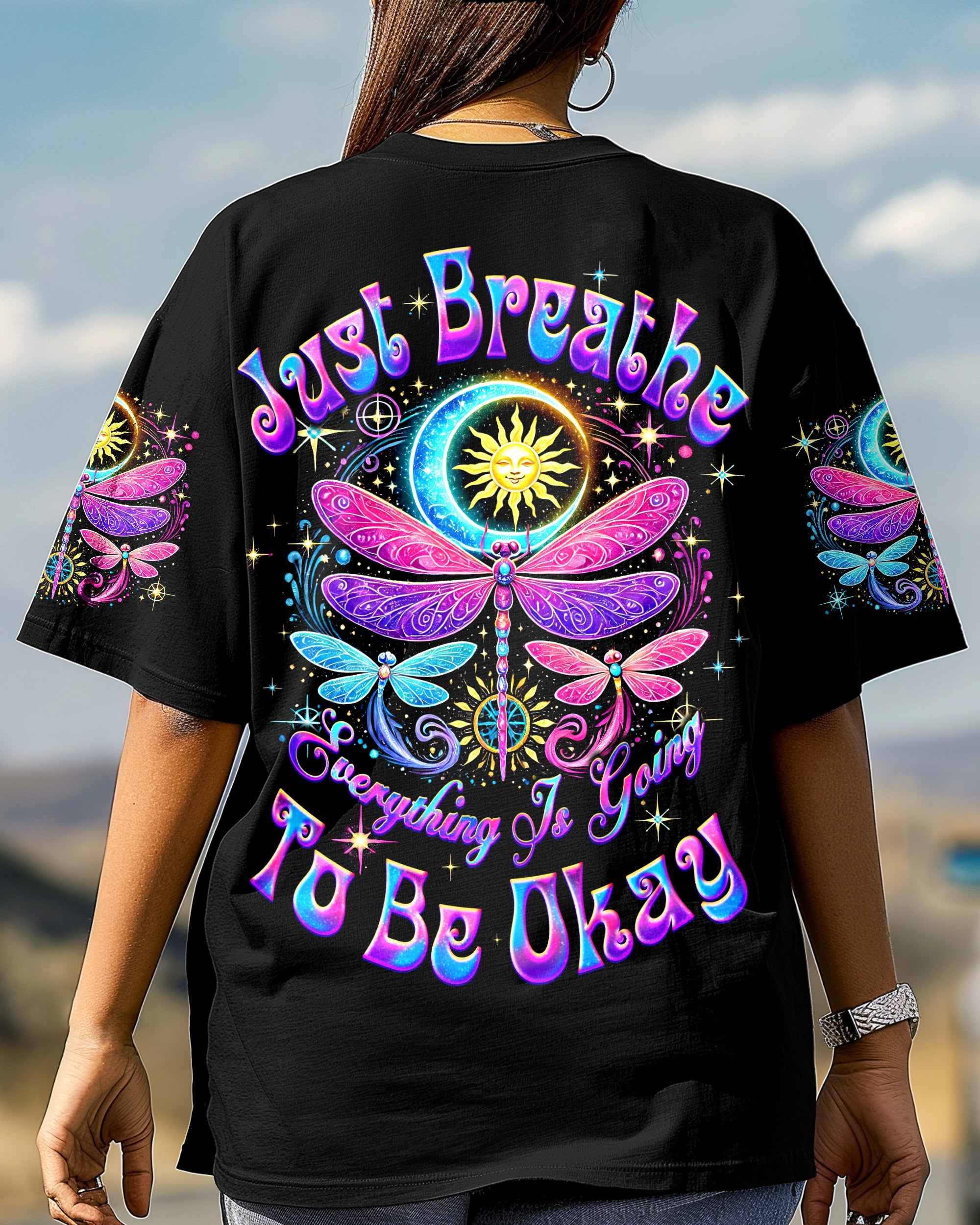 Just Breathe Everything Is Going to Be Okay Colorful Celestial Dragonfly AOP Shirts _3_ I9999