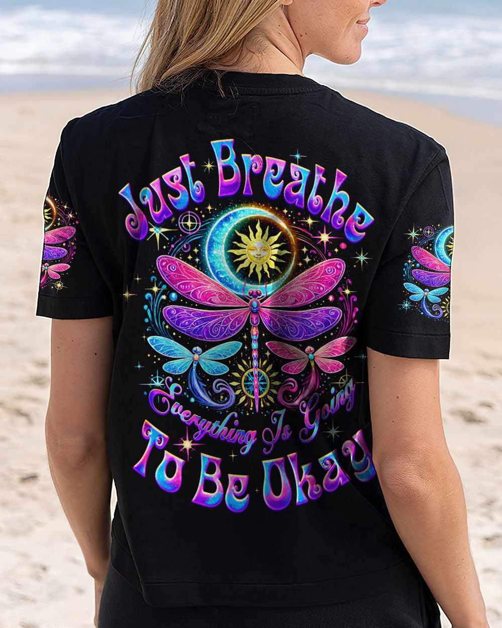 Just Breathe Everything Is Going to Be Okay Colorful Celestial Dragonfly AOP Shirts _5_ A5olV