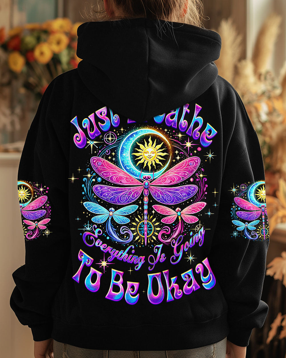 Just Breathe Everything Is Going to Be Okay Colorful Celestial Dragonfly AOP Shirts _7_ lwyYd