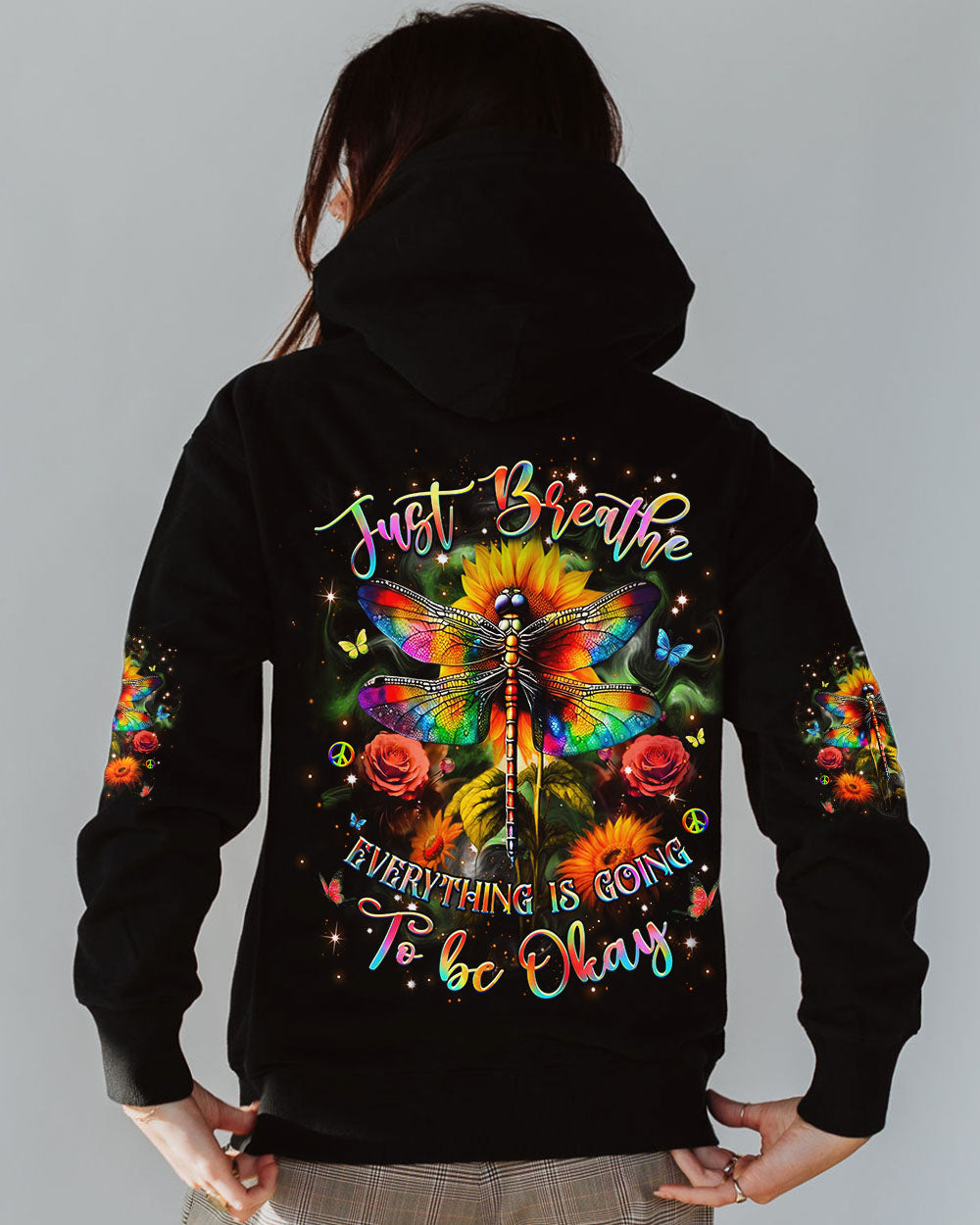 Just Breathe Everything Is Going to Be Okay Colorful Dragonfly Flower AOP Shirts _7_ Vatjy