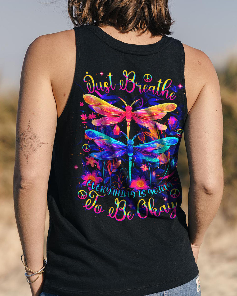 Just Breathe Everything Is Going to Be Okay Colorful Dragonfly Mental Health Tee AOP Shirt _13_ xjwAF