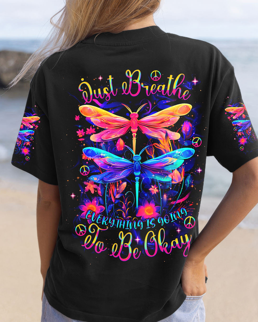 Just Breathe Everything Is Going to Be Okay Colorful Dragonfly Mental Health Tee AOP Shirt _1_ ifOqt