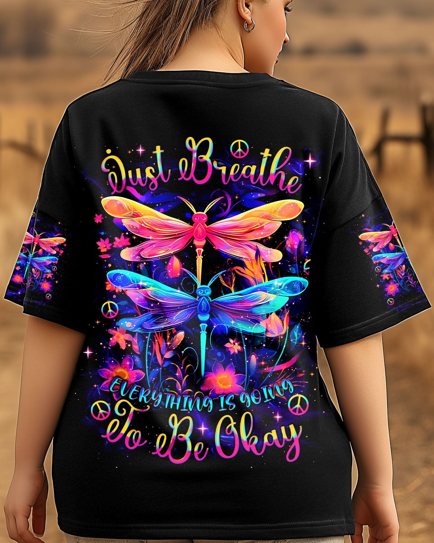 Just Breathe Everything Is Going to Be Okay Colorful Dragonfly Mental Health Tee AOP Shirt _3_ 9neIP
