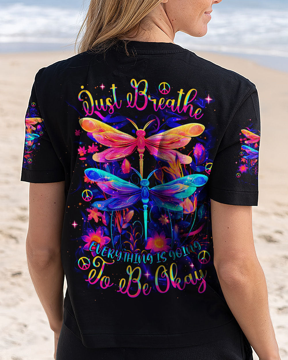 Just Breathe Everything Is Going to Be Okay Colorful Dragonfly Mental Health Tee AOP Shirt _5_ WMxl7