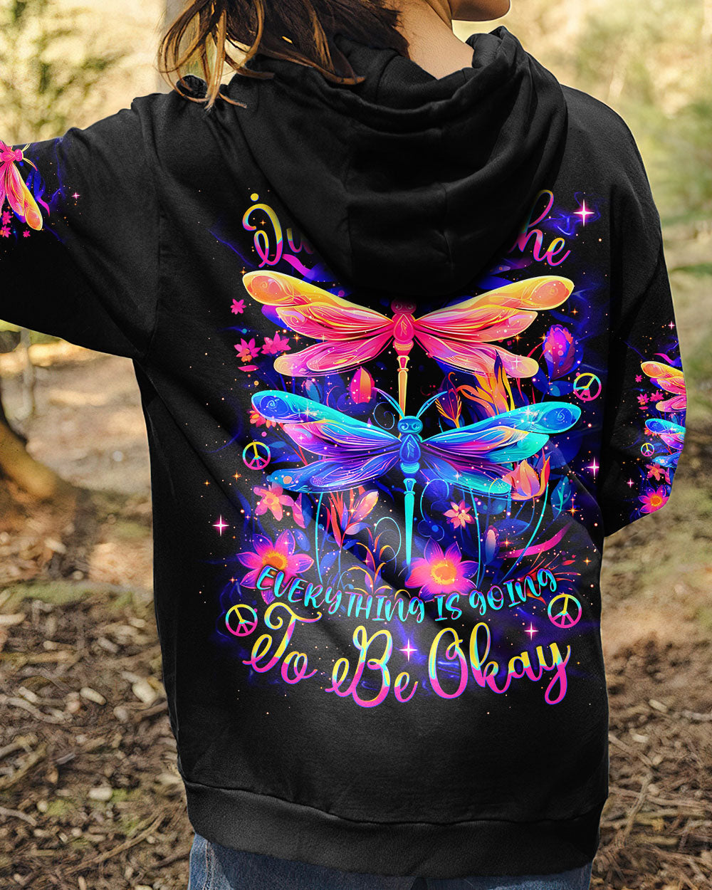 Just Breathe Everything Is Going to Be Okay Colorful Dragonfly Mental Health Tee AOP Shirt _6_ W8Cu5