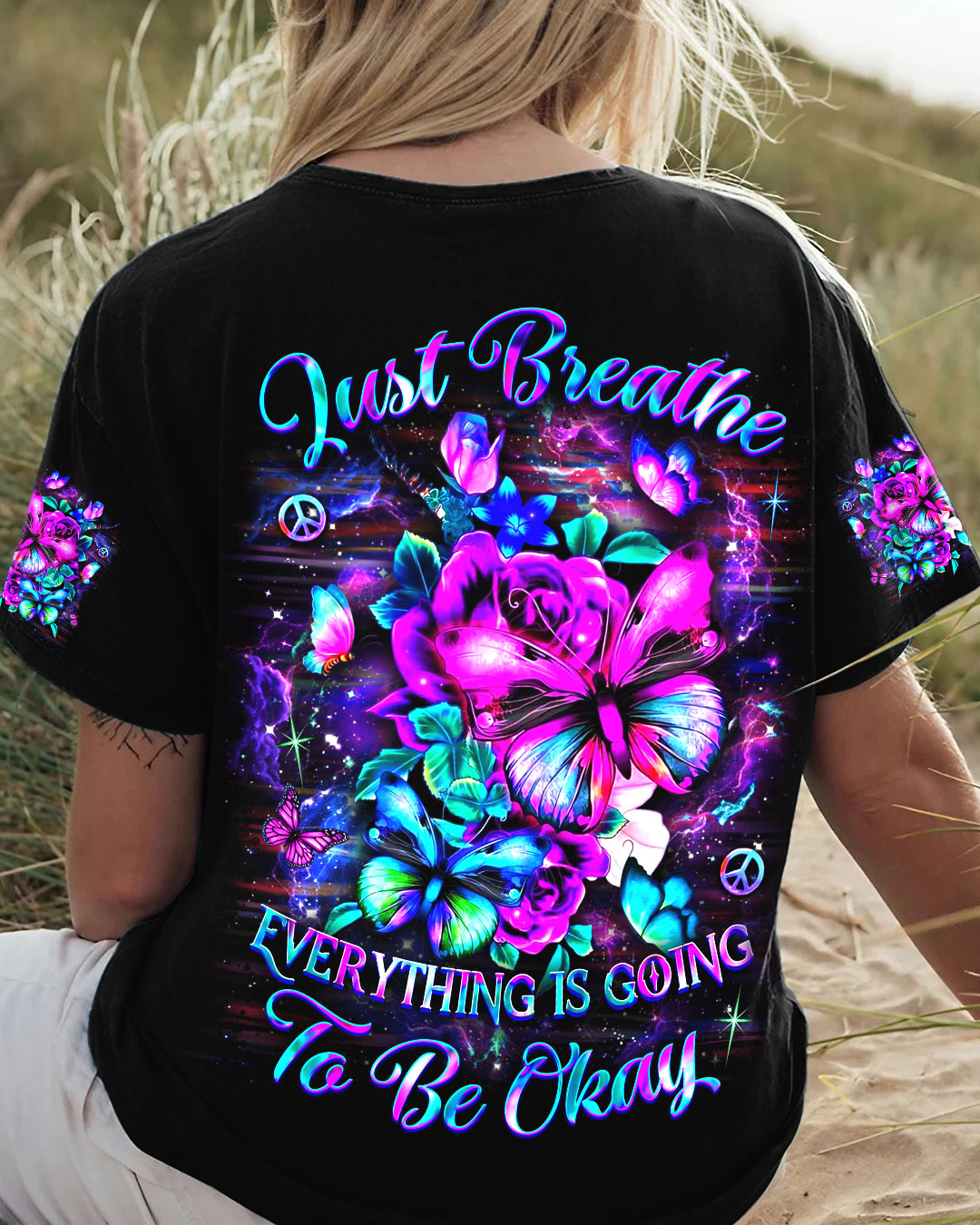 Just Breathe Everything Is Going to Be Okay Colorful Floral Butterfly AOP Shirts _4_ xQVh2