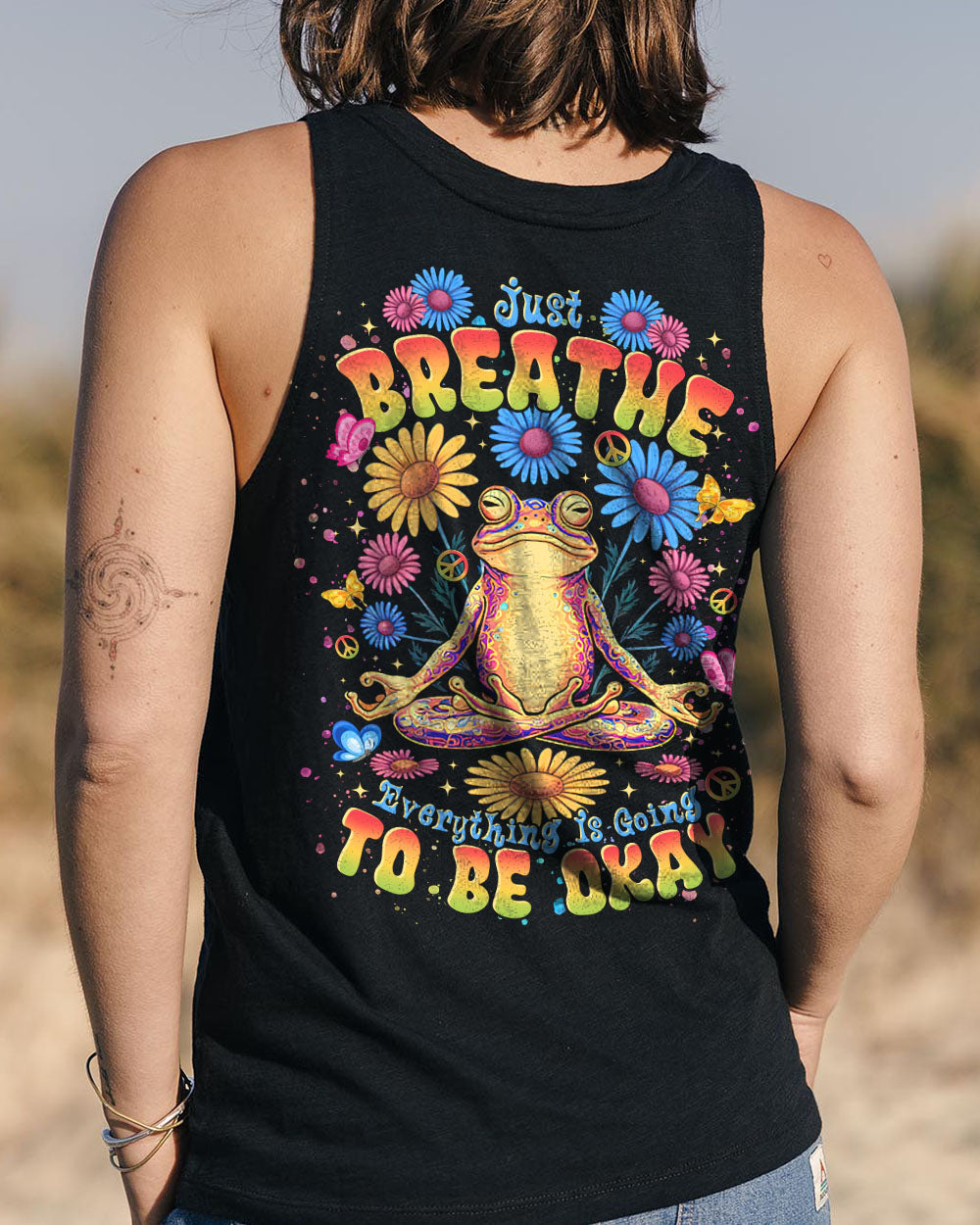 Just Breathe Everything Is Going to Be Okay Colorful Meditating Frog AOP Shirts _11_ ikN15