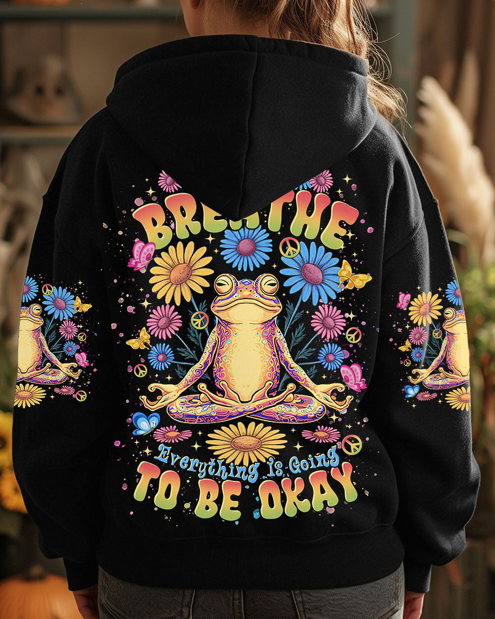 Just Breathe Everything Is Going to Be Okay Colorful Meditating Frog AOP Shirts _12_ 9ljQC