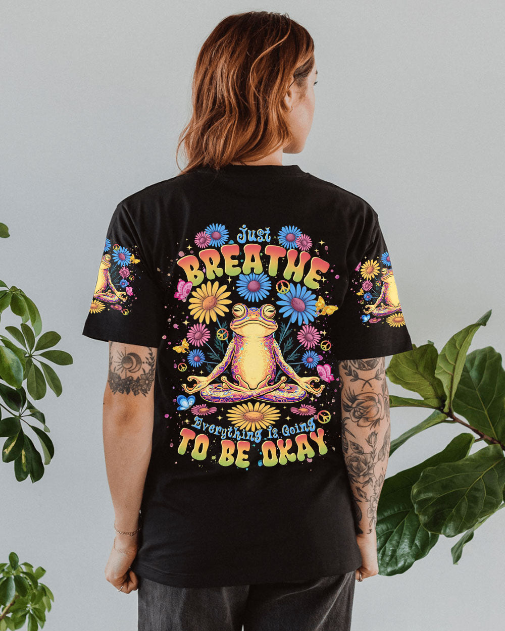 Just Breathe Everything Is Going to Be Okay Colorful Meditating Frog AOP Shirts _1_ usZSl