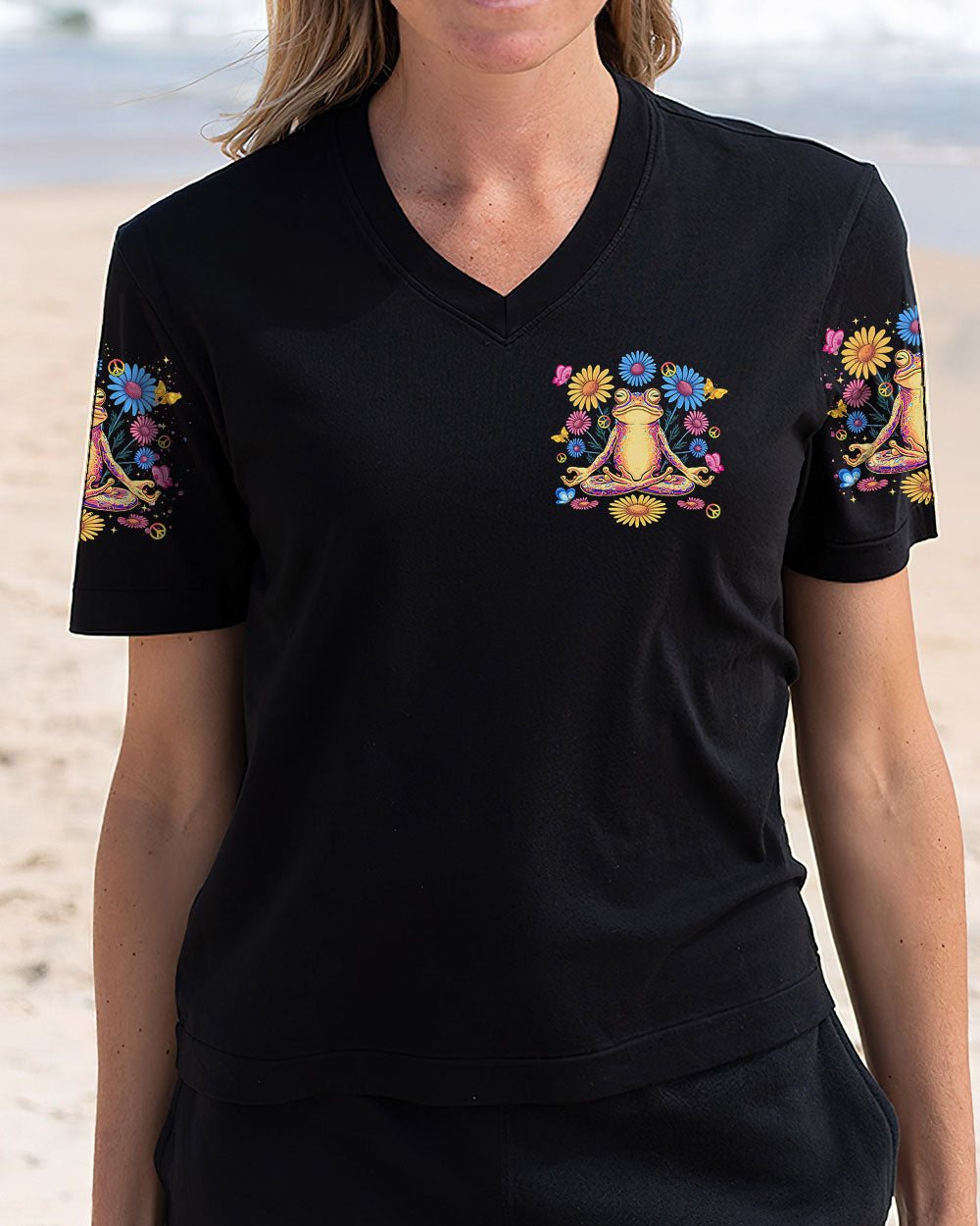 Just Breathe Everything Is Going to Be Okay Colorful Meditating Frog AOP Shirts _2_ ddpsk