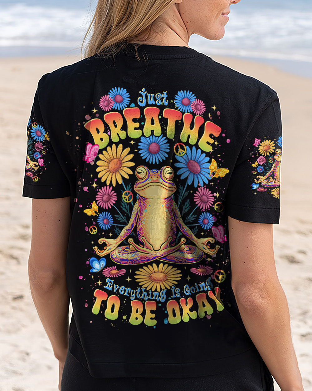 Just Breathe Everything Is Going to Be Okay Colorful Meditating Frog AOP Shirts _3_ EjmnY