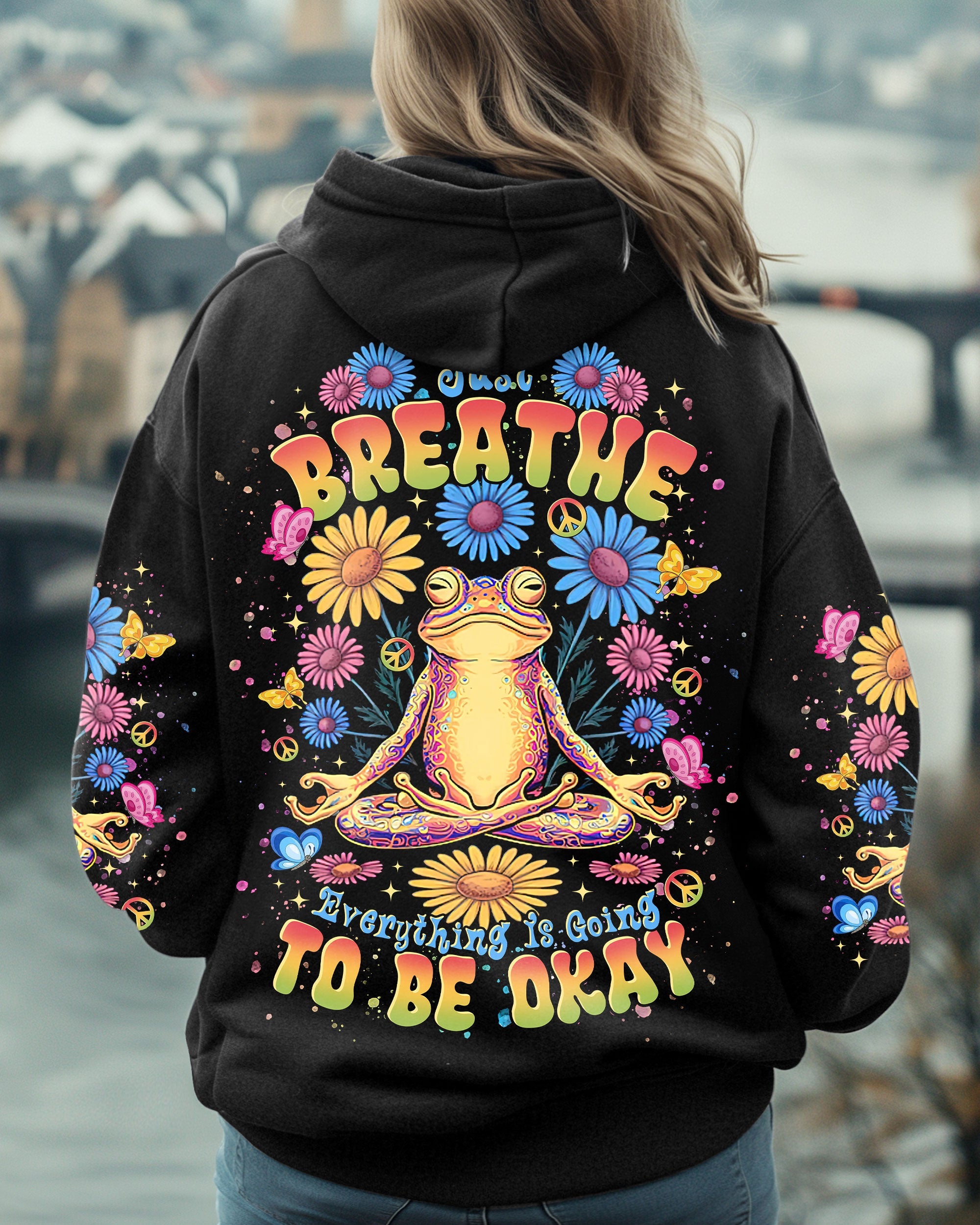 Just Breathe Everything Is Going to Be Okay Colorful Meditating Frog AOP Shirts _5_ ozAFz