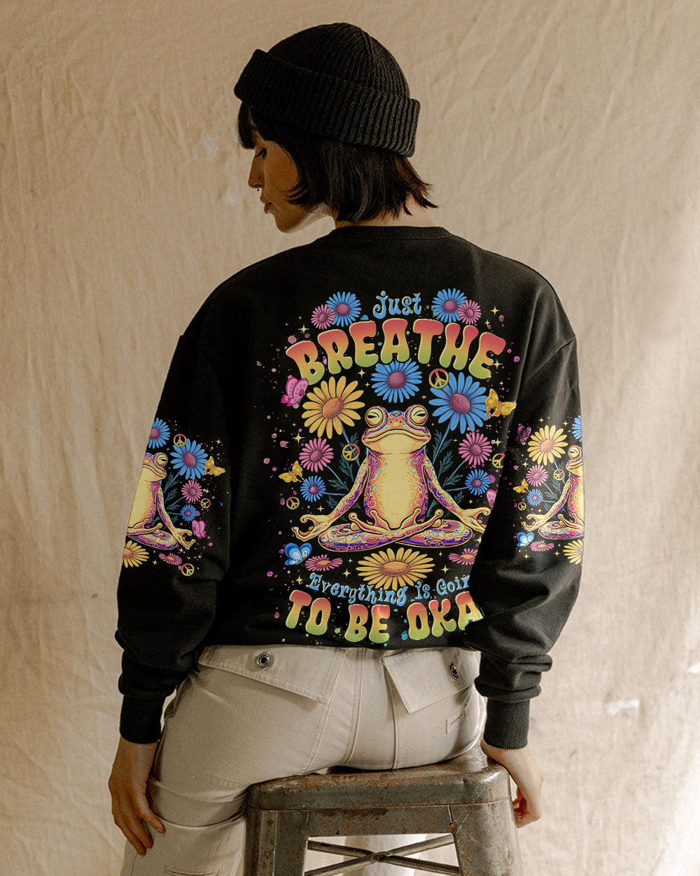 Just Breathe Everything Is Going to Be Okay Colorful Meditating Frog AOP Shirts _7_ hnP12