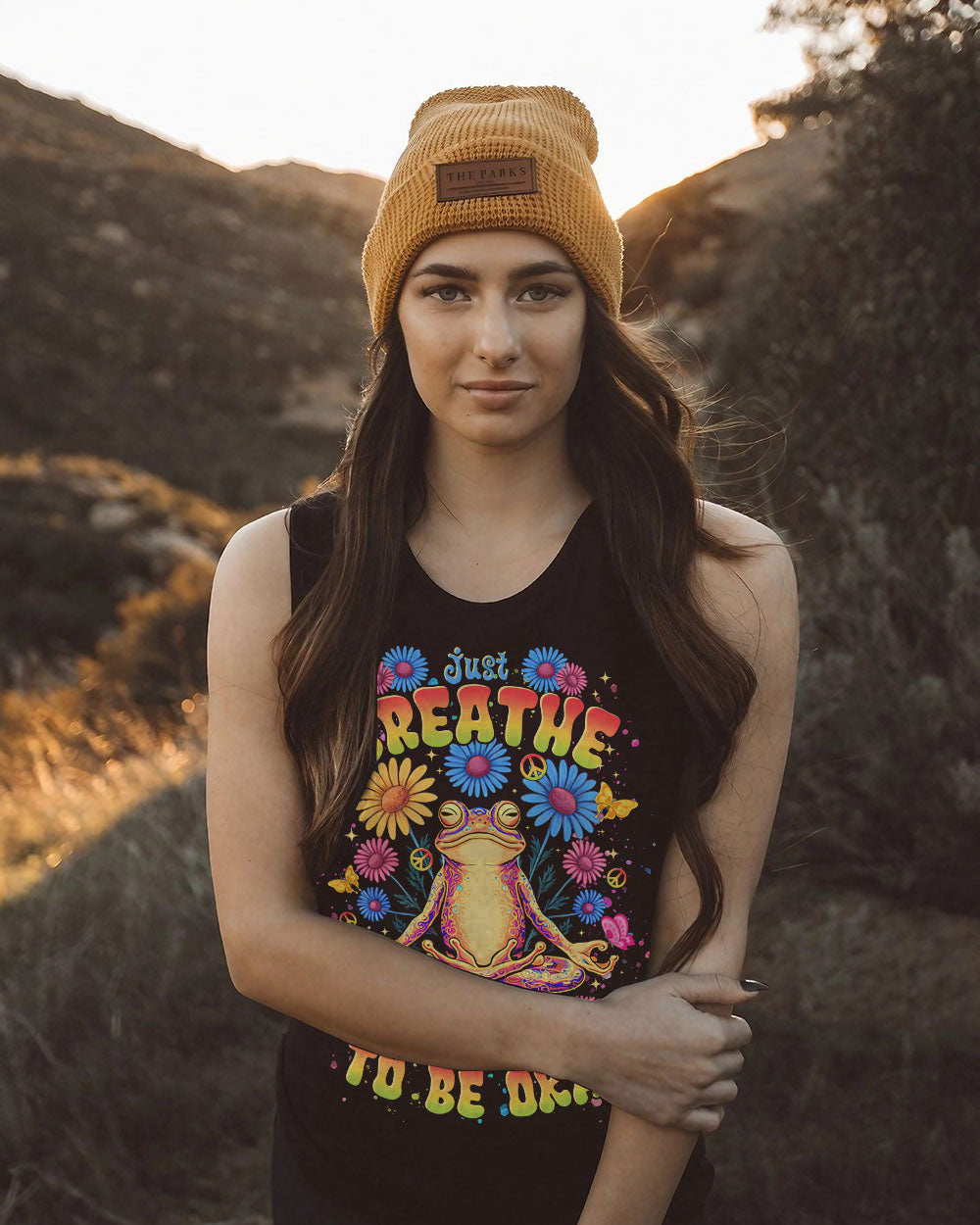 Just Breathe Everything Is Going to Be Okay Colorful Meditating Frog AOP Shirts _9_ vxb0d
