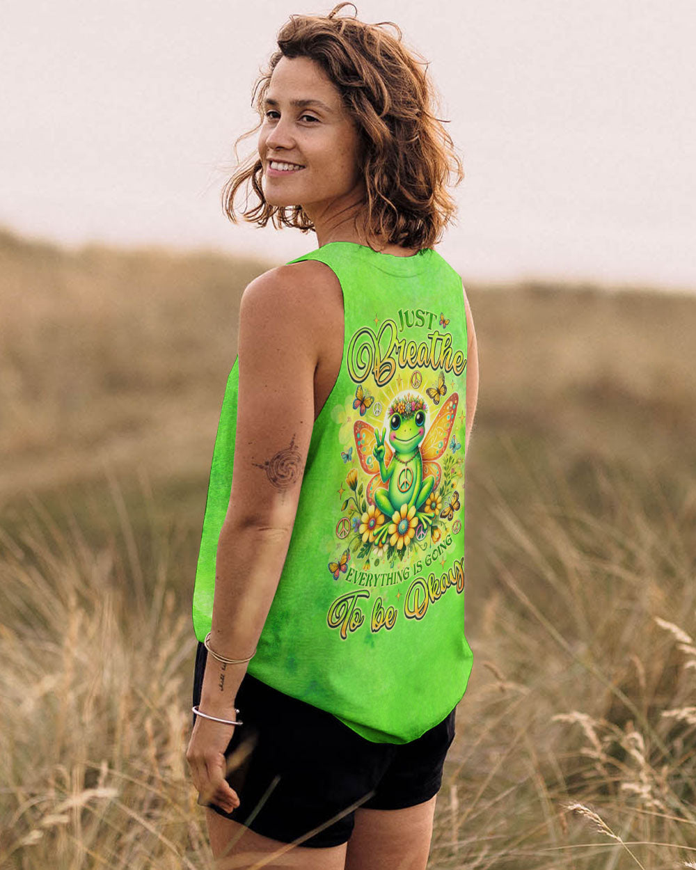 Just Breathe Everything Is Going to Be Okay Cute Frog Green Peaceful AOP Shirts _11_ o2QKl