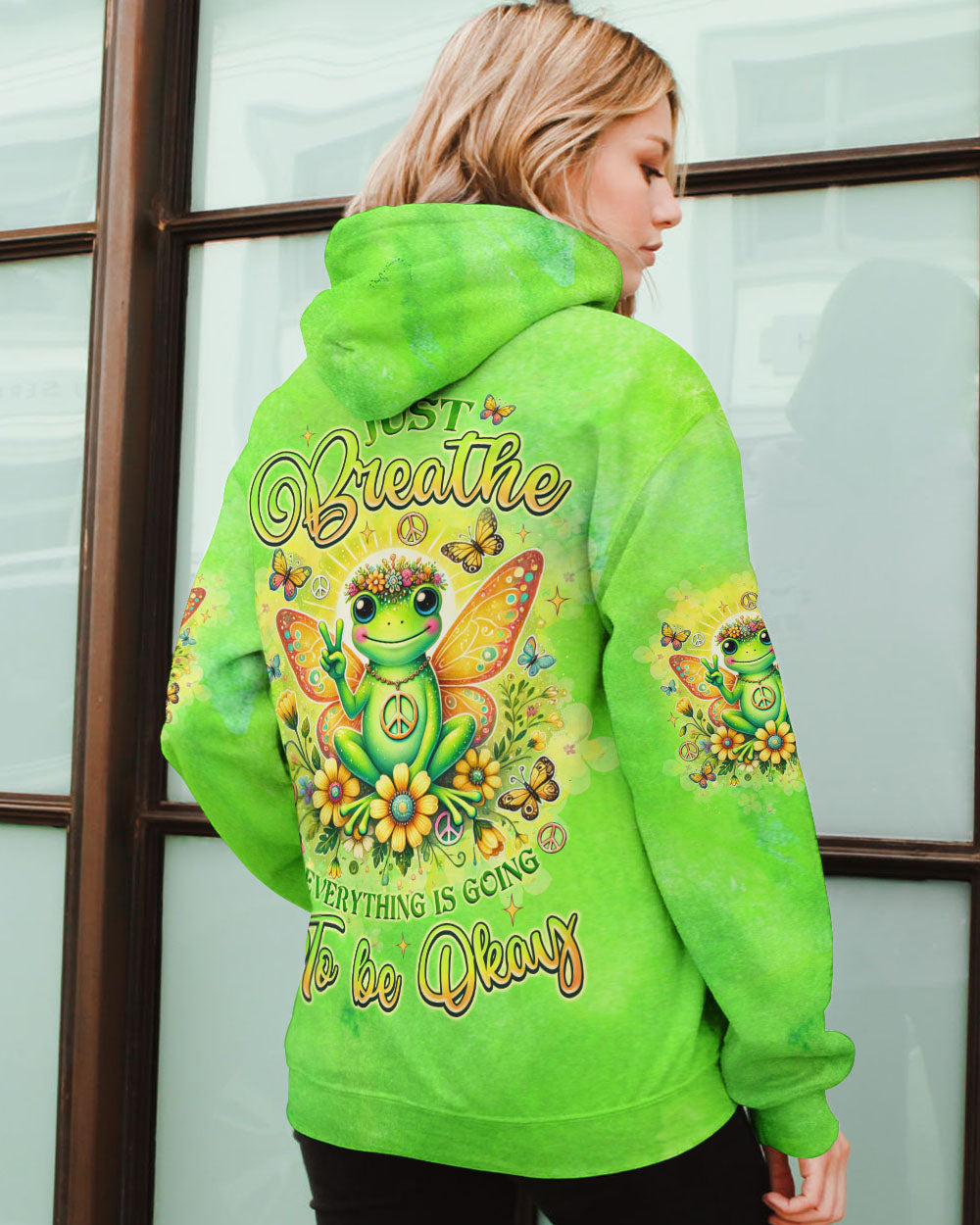 Just Breathe Everything Is Going to Be Okay Cute Frog Green Peaceful AOP Shirts _12_ lYdkn