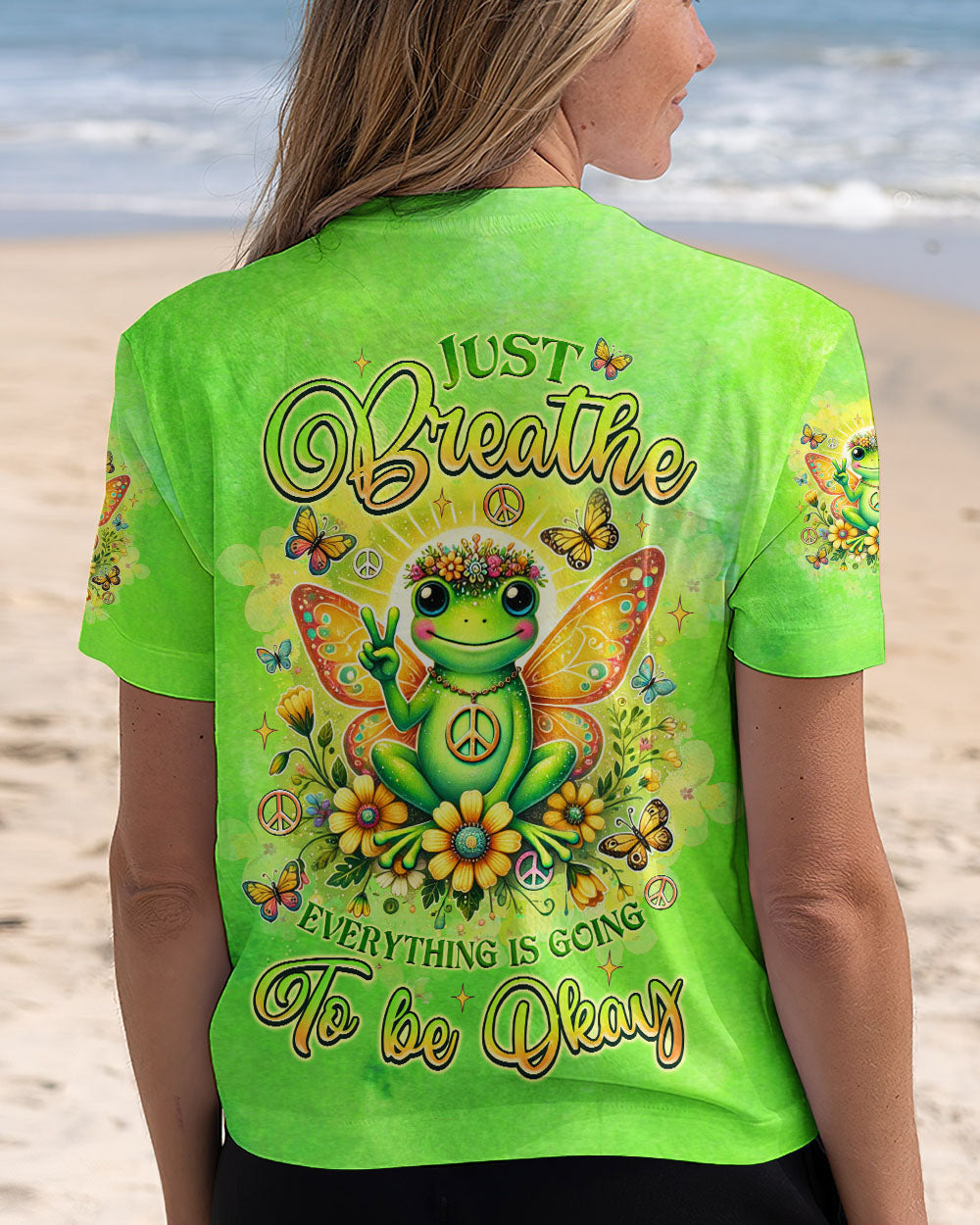 Just Breathe Everything Is Going to Be Okay Cute Frog Green Peaceful AOP Shirts _3_ tQwpr