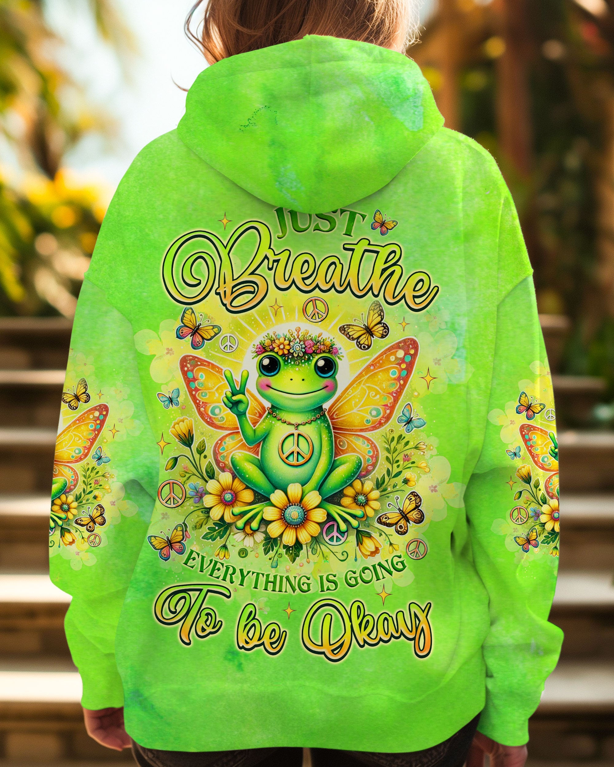 Just Breathe Everything Is Going to Be Okay Cute Frog Green Peaceful AOP Shirts _5_ QuFsm