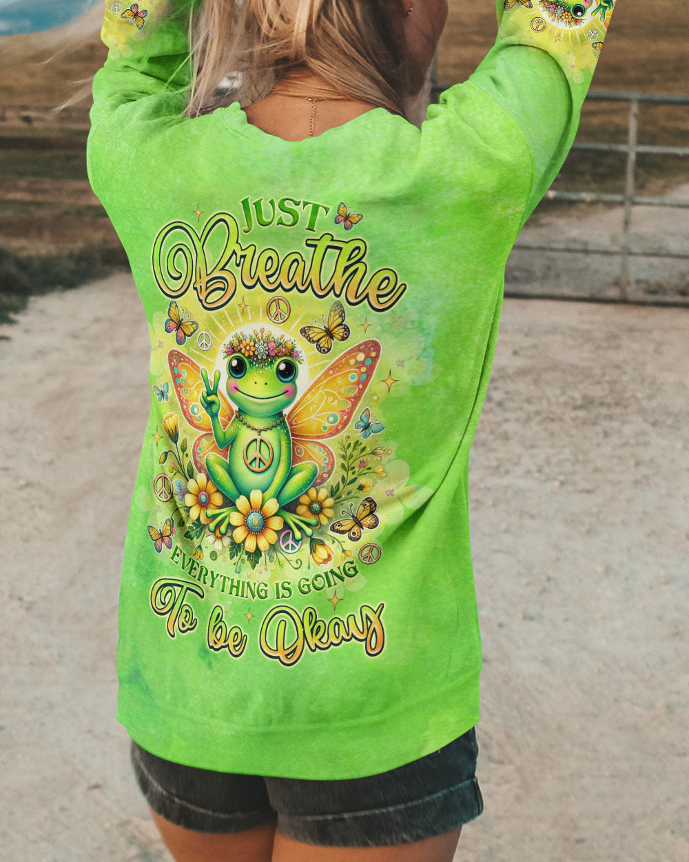 Just Breathe Everything Is Going to Be Okay Cute Frog Green Peaceful AOP Shirts _7_ uEsxK