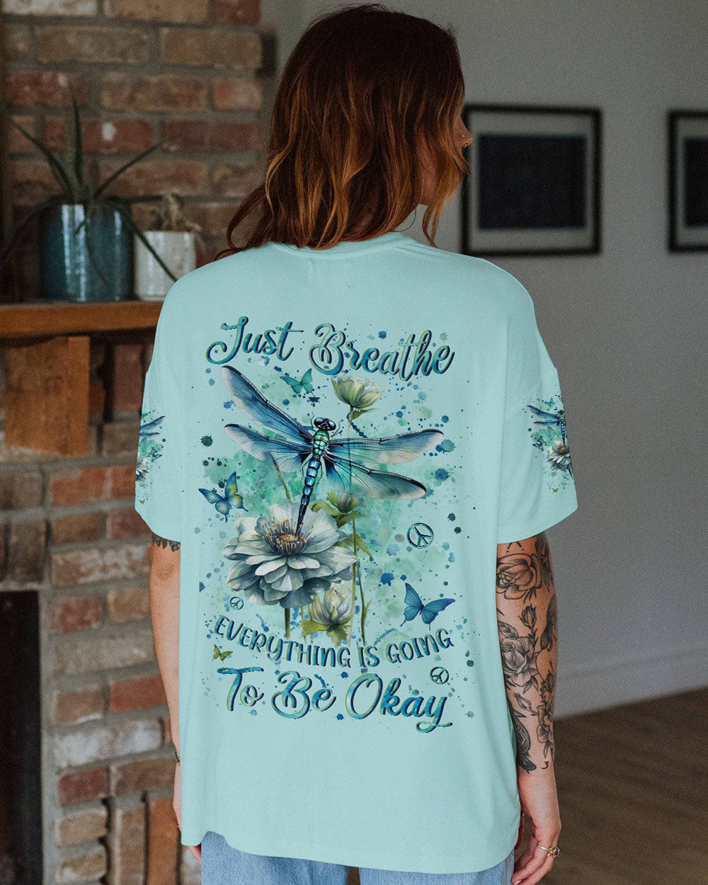 Just Breathe Everything Is Going to Be Okay Dragonfly and Floral AOP Shirts _3_ fwJsZ