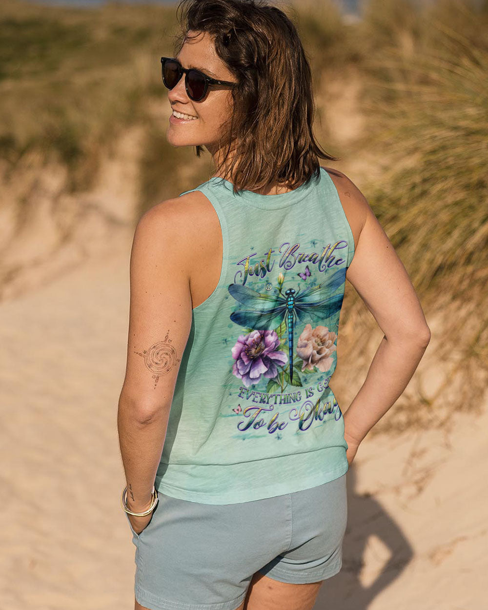 Just Breathe Everything Is Going to Be Okay Dragonfly and Flowers AOP Shirts _2_ jSILb