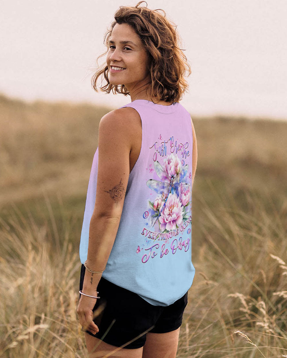 Just Breathe Everything Is Going to Be Okay Dragonfly and Peony Floral AOP Shirts _11_ BrFNm