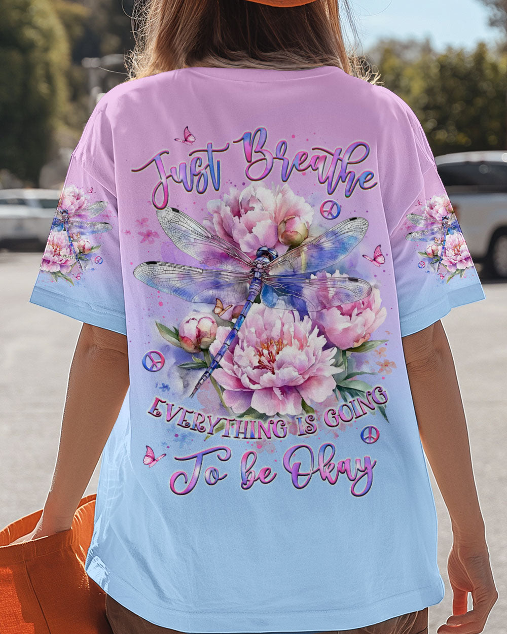 Just Breathe Everything Is Going to Be Okay Dragonfly and Peony Floral AOP Shirts _3_ lZBoS