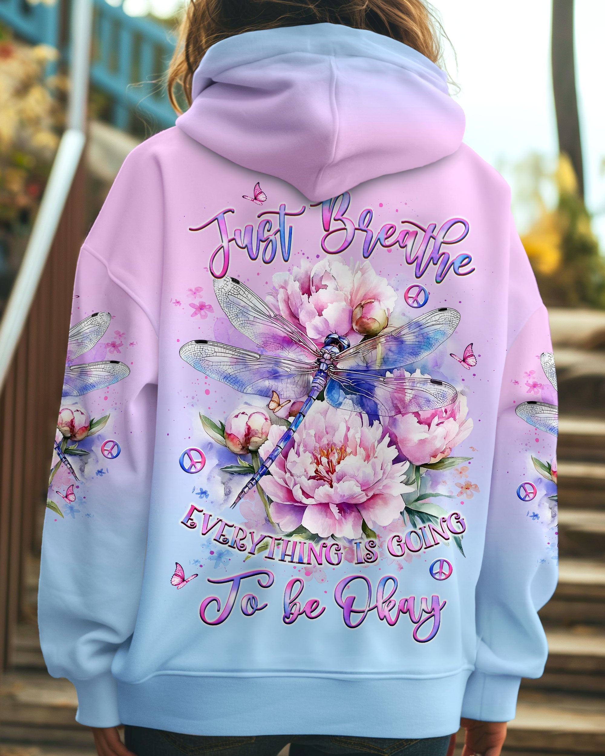 Just Breathe Everything Is Going to Be Okay Dragonfly and Peony Floral AOP Shirts _5_ ufuBo