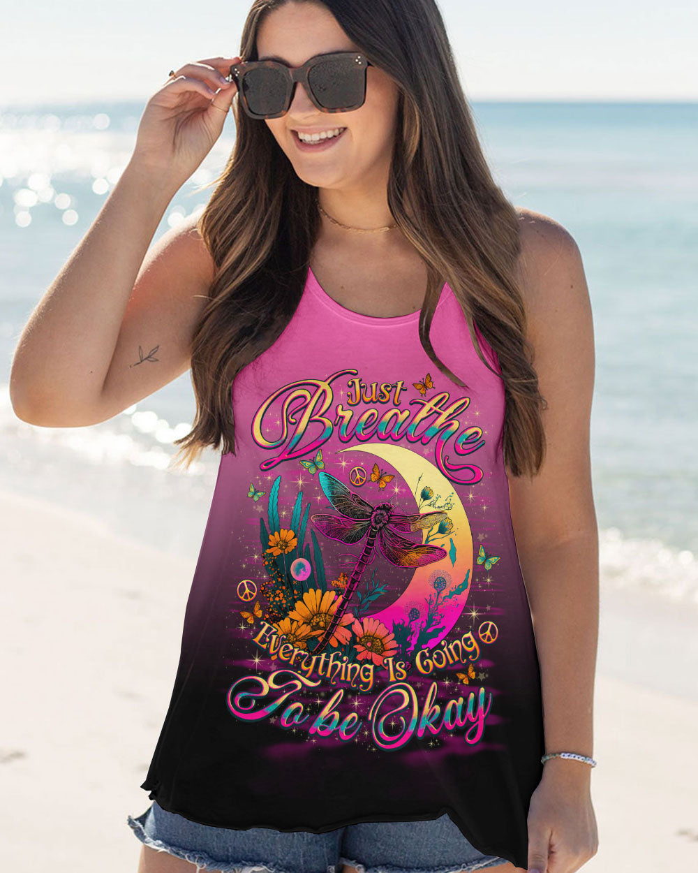 Just Breathe Everything Is Going to Be Okay Dragonfly with Retro Moon Flowers AOP Shirts _12_ Y0aGS