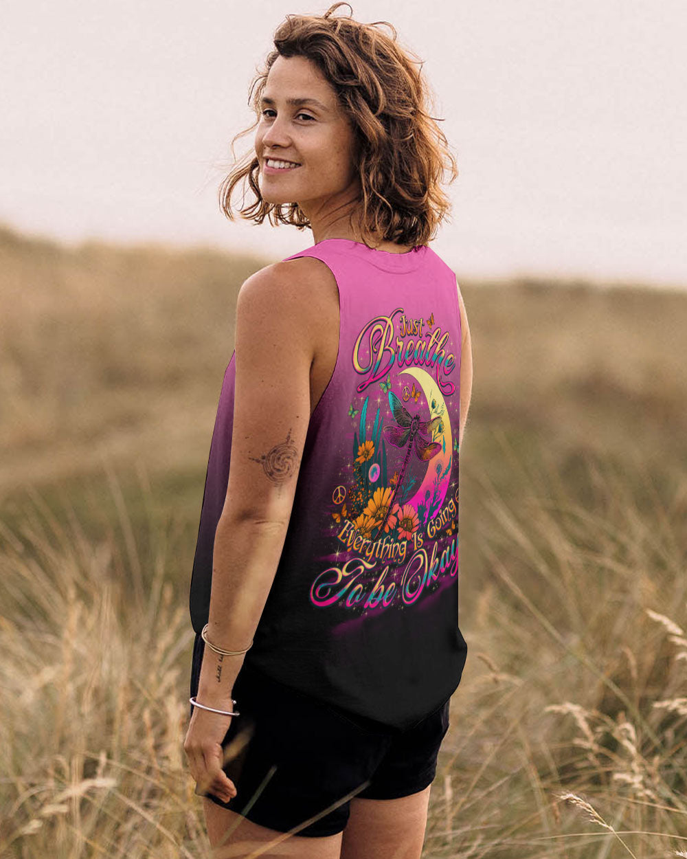 Just Breathe Everything Is Going to Be Okay Dragonfly with Retro Moon Flowers AOP Shirts _14_ CduW4