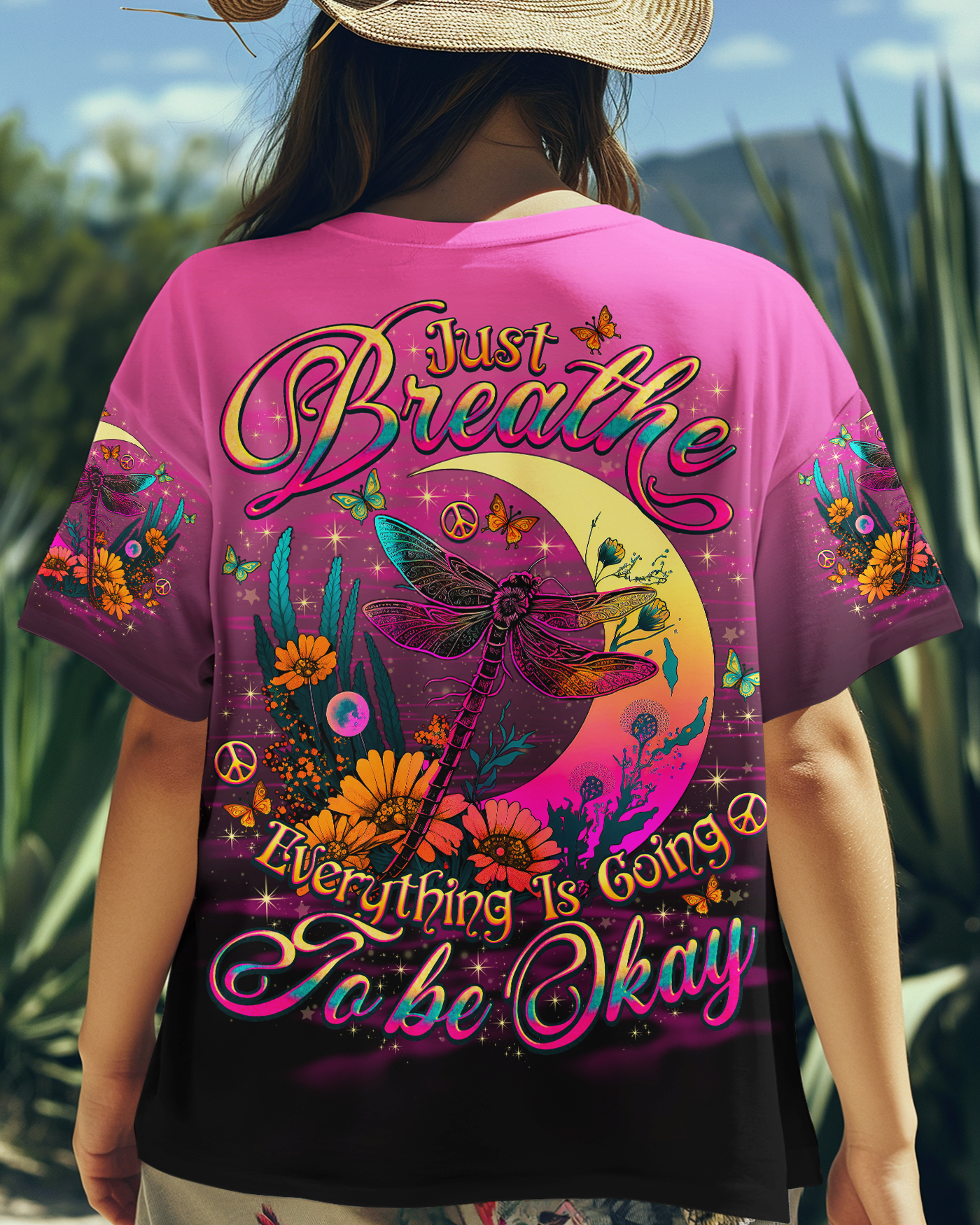 Just Breathe Everything Is Going to Be Okay Dragonfly with Retro Moon Flowers AOP Shirts _1_ Ywika
