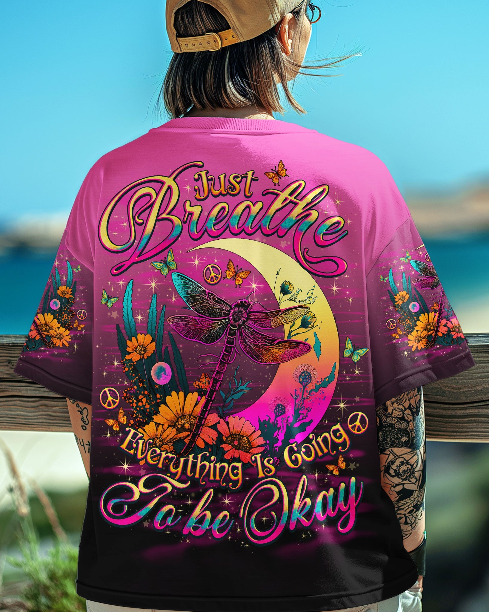 Just Breathe Everything Is Going to Be Okay Dragonfly with Retro Moon Flowers AOP Shirts _3_ 0ESzJ