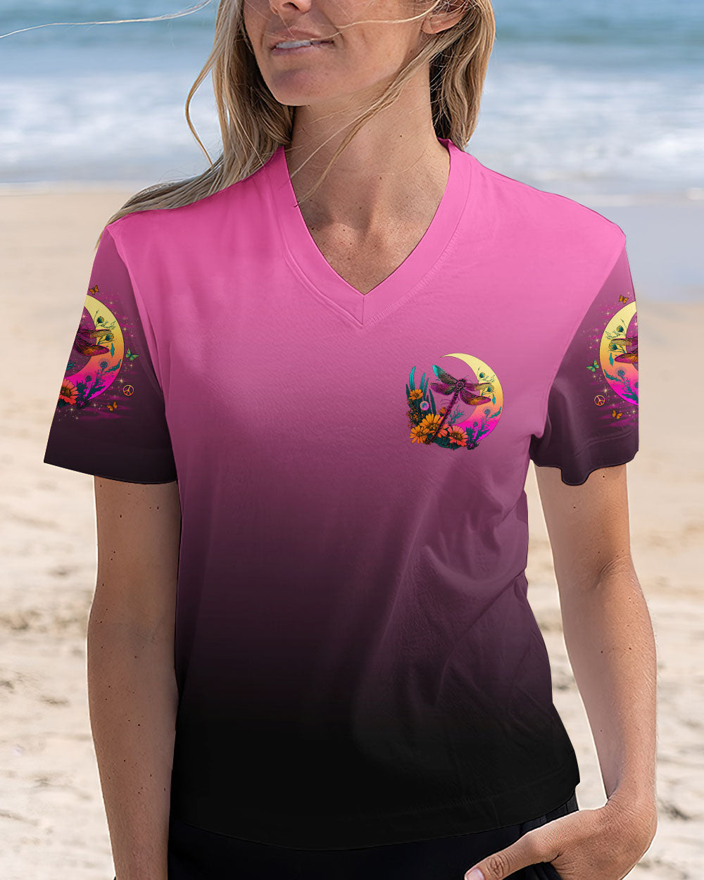 Just Breathe Everything Is Going to Be Okay Dragonfly with Retro Moon Flowers AOP Shirts _4_ zB45g