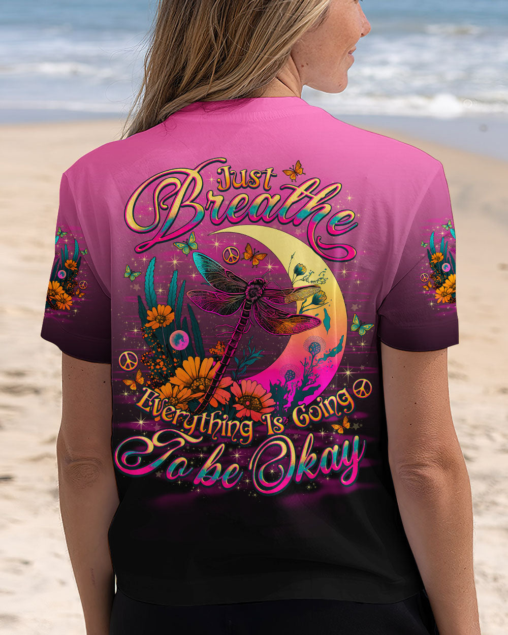 Just Breathe Everything Is Going to Be Okay Dragonfly with Retro Moon Flowers AOP Shirts _5_ bmwBq