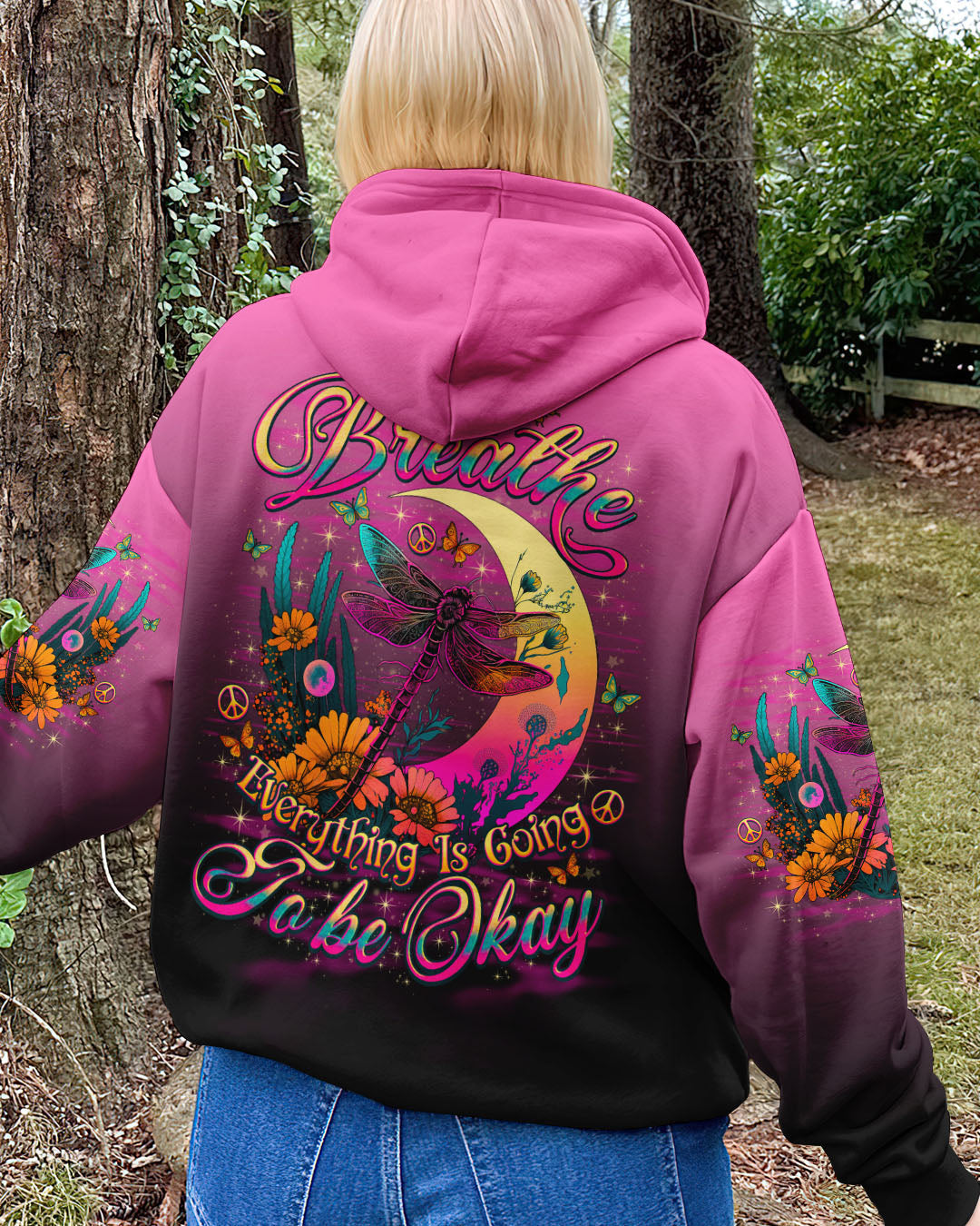 Just Breathe Everything Is Going to Be Okay Dragonfly with Retro Moon Flowers AOP Shirts _7_ IispN