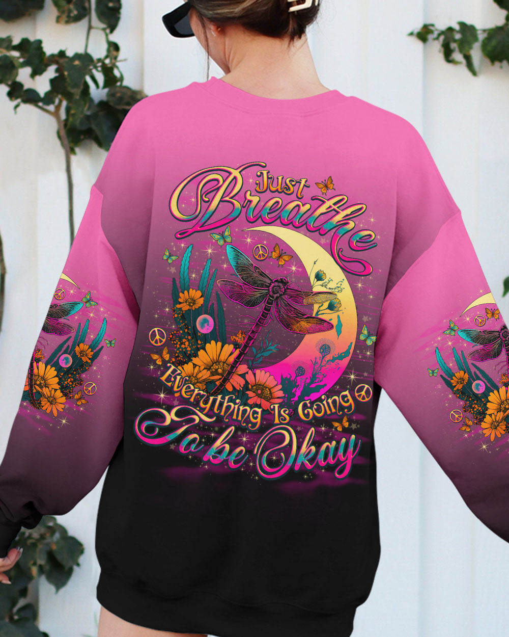 Just Breathe Everything Is Going to Be Okay Dragonfly with Retro Moon Flowers AOP Shirts _9_ d8hBe