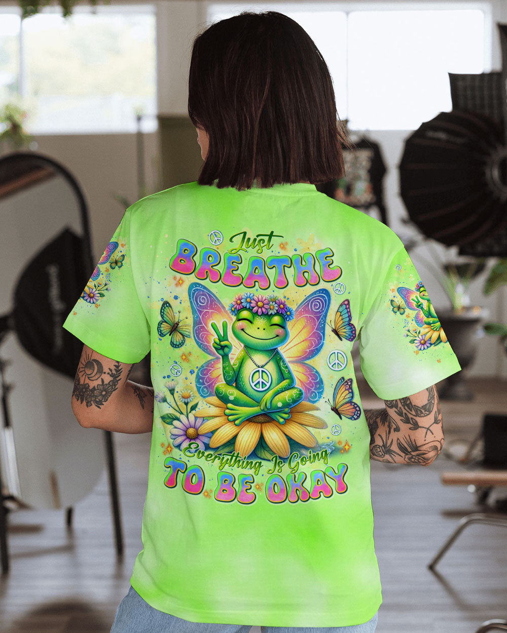 Just Breathe Everything Is Going to Be Okay Frog Meditating Peace AOP Shirts _1_ kNjhz