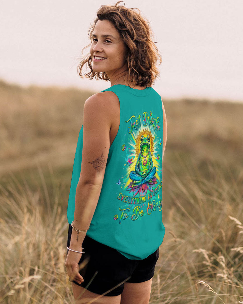 Just Breathe Everything Is Going to Be Okay Funny Meditation Frog Lotus AOP Shirts _13_ ks7K8