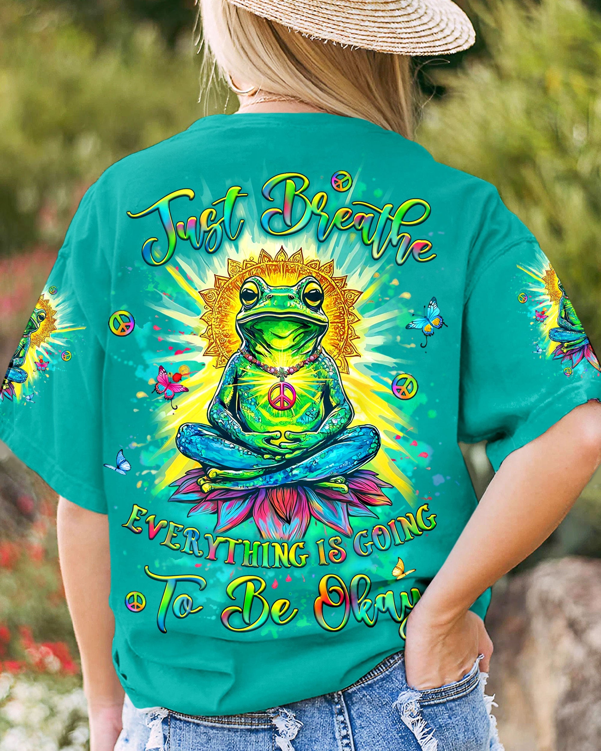 Just Breathe Everything Is Going to Be Okay Funny Meditation Frog Lotus AOP Shirts _3_ bOW0A