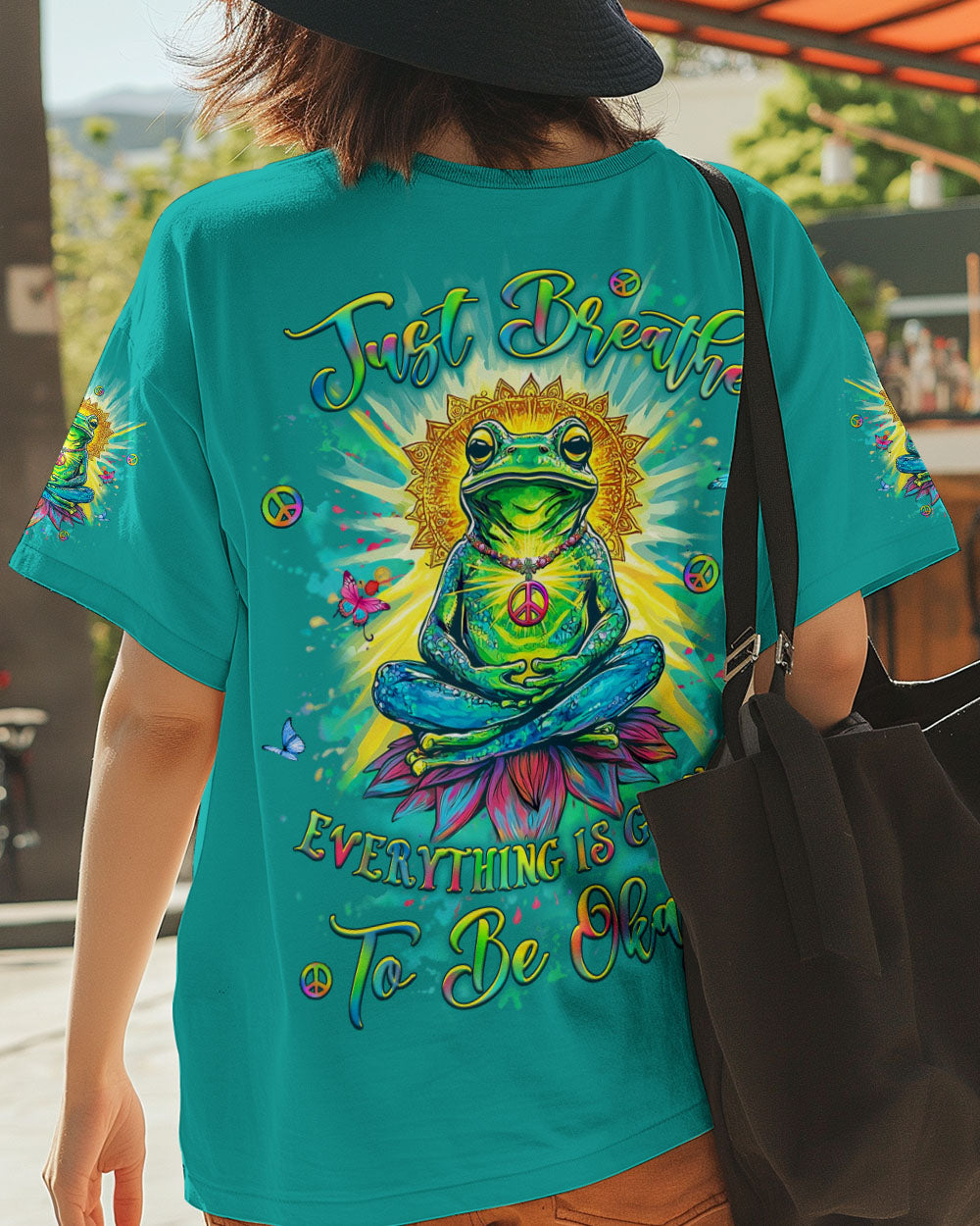 Just Breathe Everything Is Going to Be Okay Funny Meditation Frog Lotus AOP Shirts _5_ rzHIA