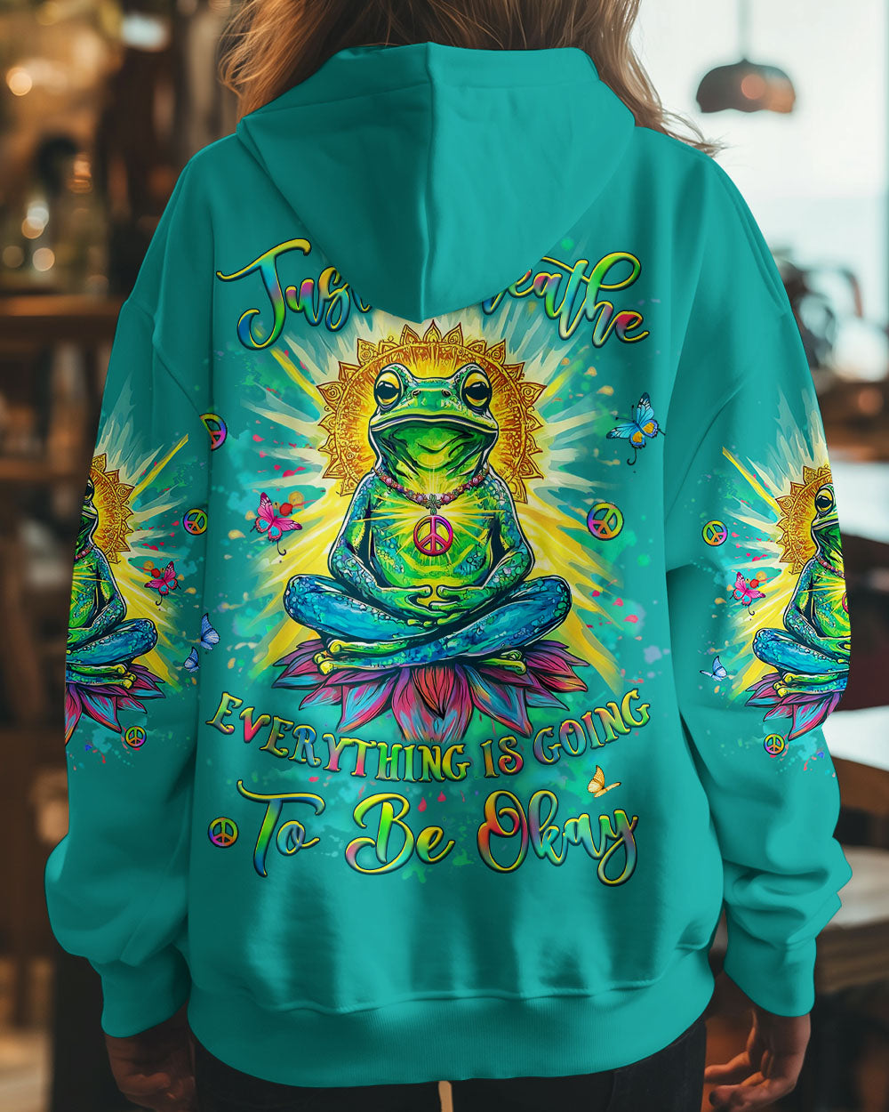 Just Breathe Everything Is Going to Be Okay Funny Meditation Frog Lotus AOP Shirts _7_ Spps0