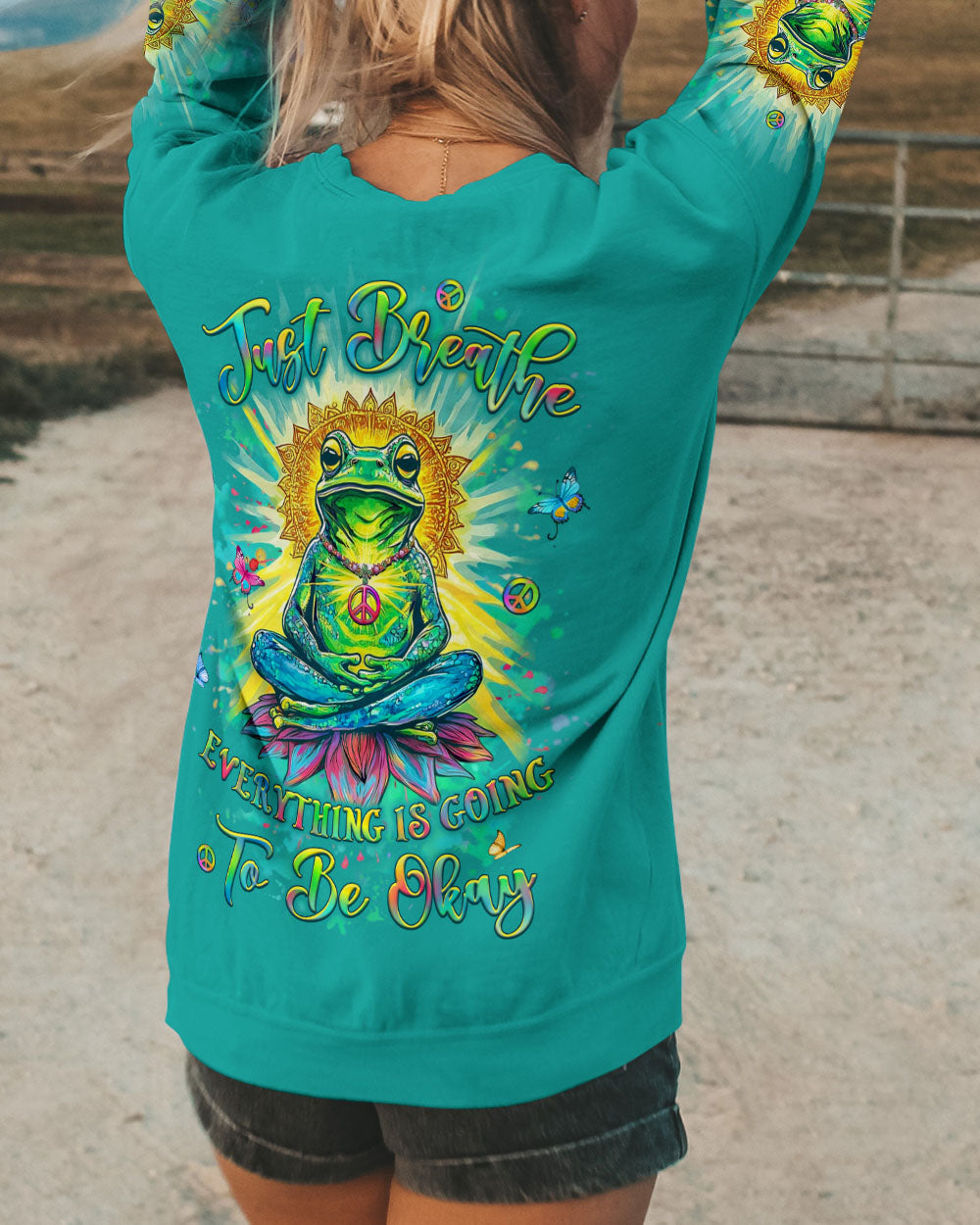 Just Breathe Everything Is Going to Be Okay Funny Meditation Frog Lotus AOP Shirts _9_ vBENU