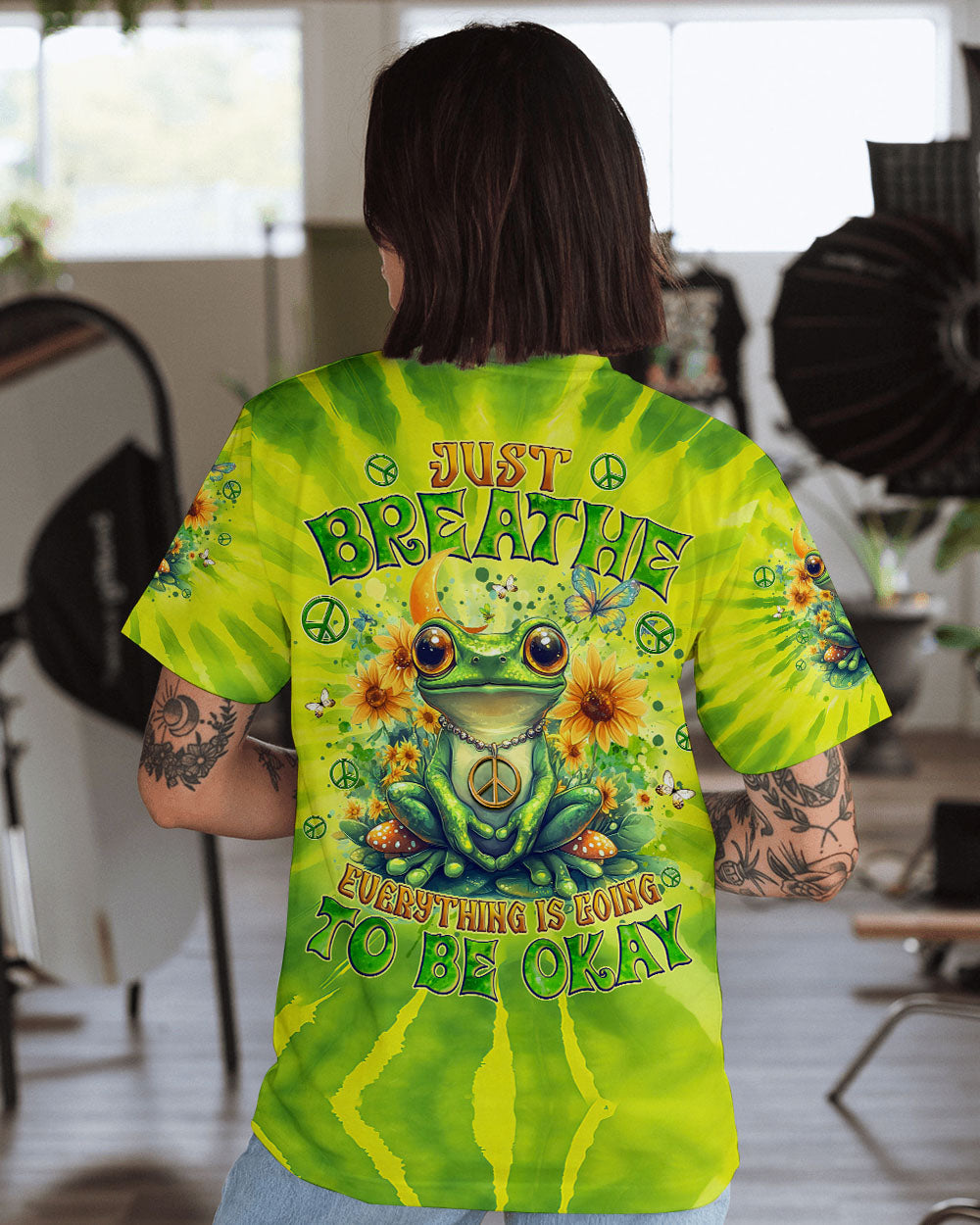 Just Breathe Everything Is Going to Be Okay Green Frog Tie Dye AOP Shirts _1_ iaqOY