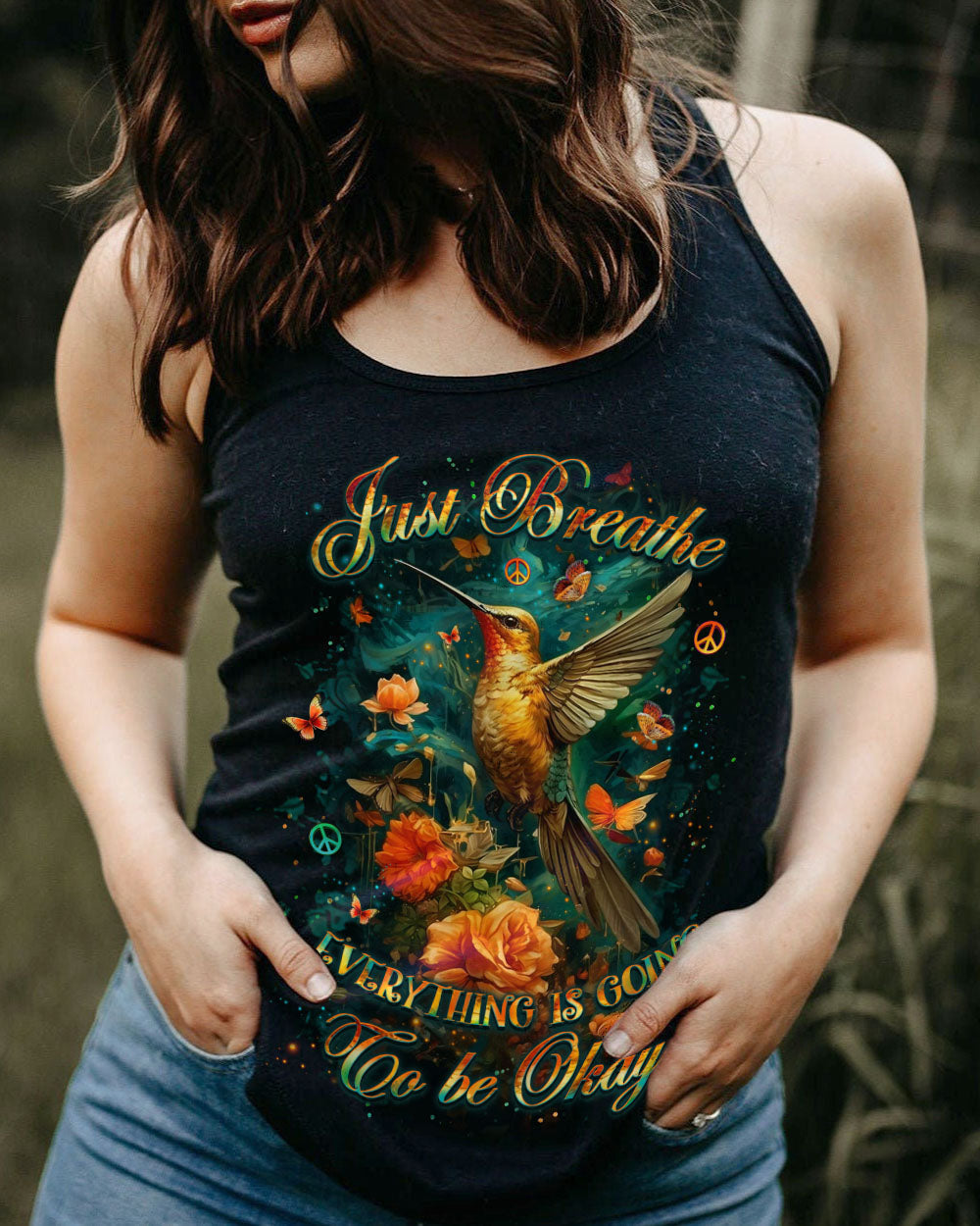 Just Breathe Everything Is Going to Be Okay Hummingbird Floral Graphic AOP Shirts _11_ d1Inw
