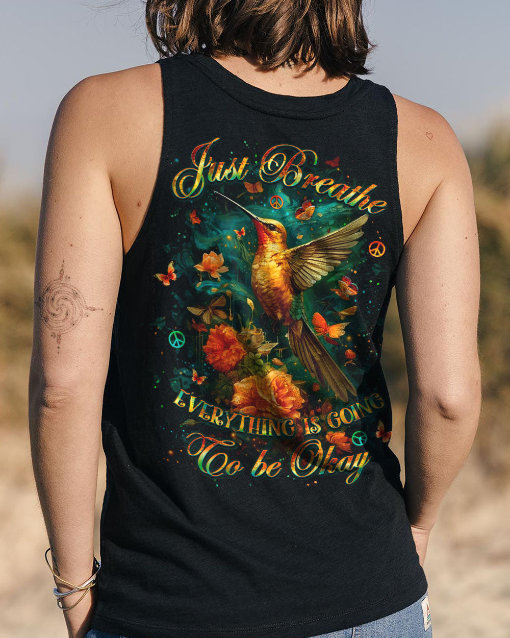 Just Breathe Everything Is Going to Be Okay Hummingbird Floral Graphic AOP Shirts _13_ ySCU5