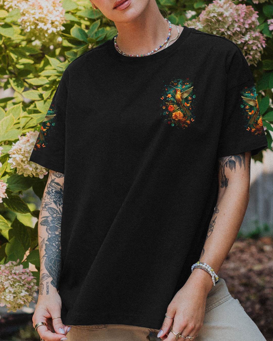 Just Breathe Everything Is Going to Be Okay Hummingbird Floral Graphic AOP Shirts _2_ mIrws