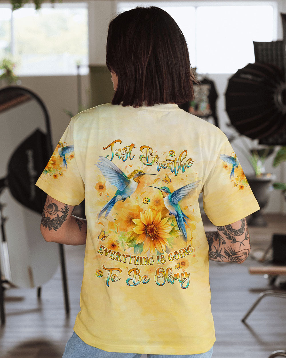 Just Breathe Everything Is Going to Be Okay Hummingbird and Floral AOP Shirts _5_ 275LI